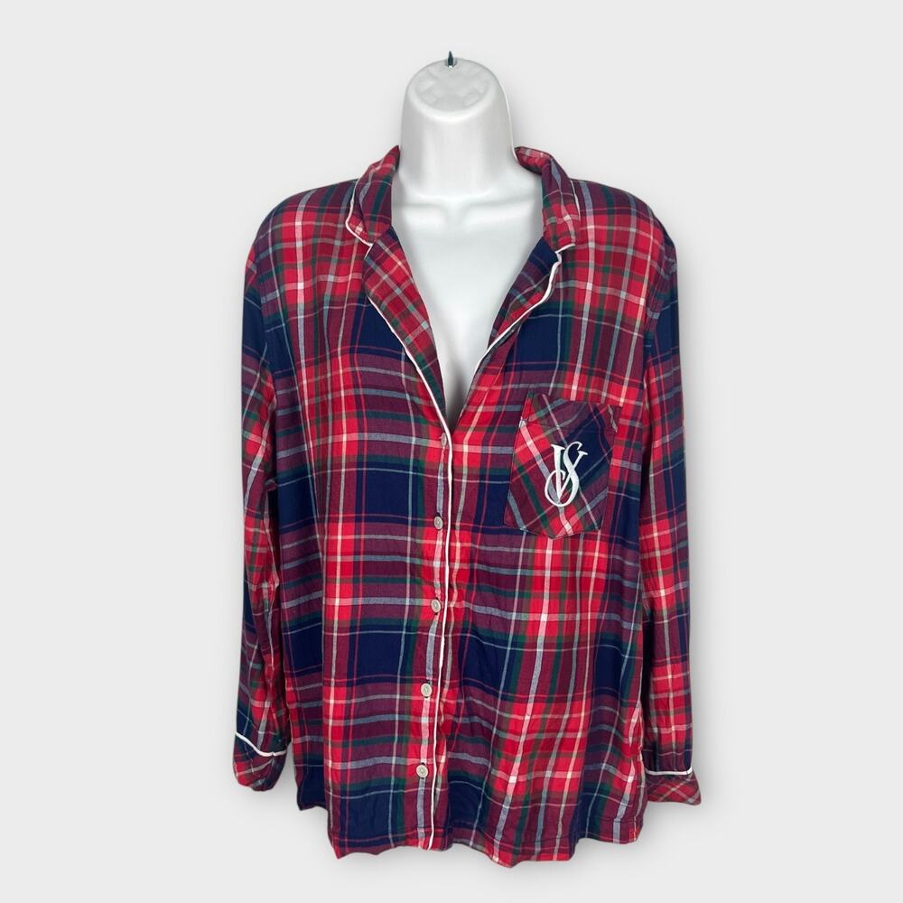 Victorias Secret Pajama Top Red Plaid Size Medium PJ Lounge Wear‎ Button Up
